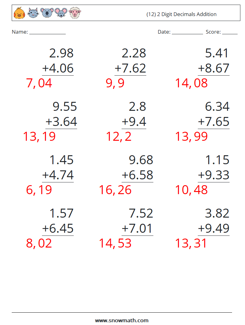 (12) 2 Digit Decimals Addition Math Worksheets 10 Question, Answer