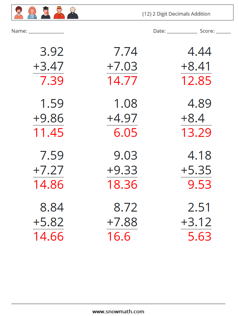 (12) 2 Digit Decimals Addition Math Worksheets 11 Question, Answer