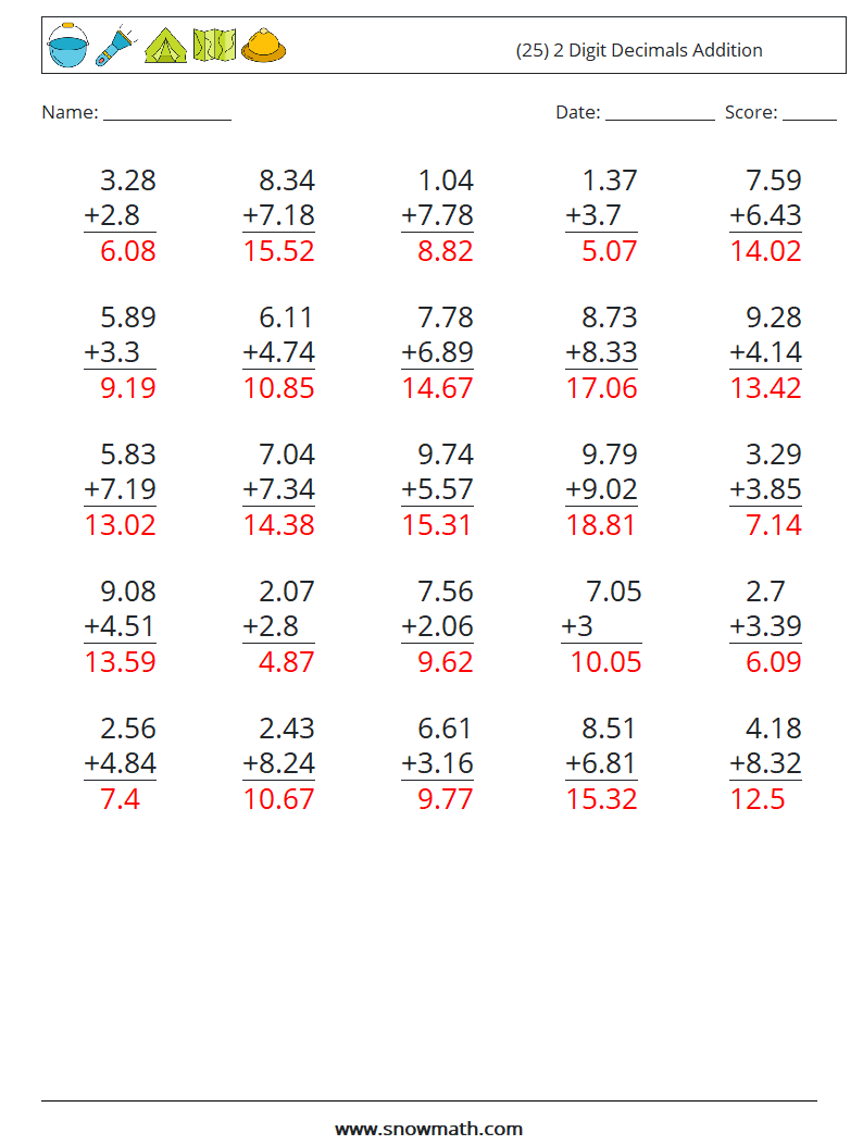 (25) 2 Digit Decimals Addition Math Worksheets 17 Question, Answer