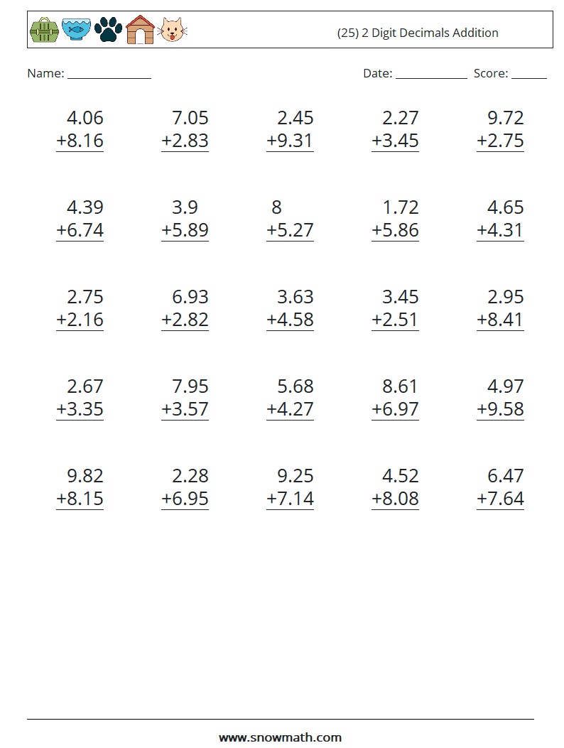 (25) 2 Digit Decimals Addition Math Worksheets 3