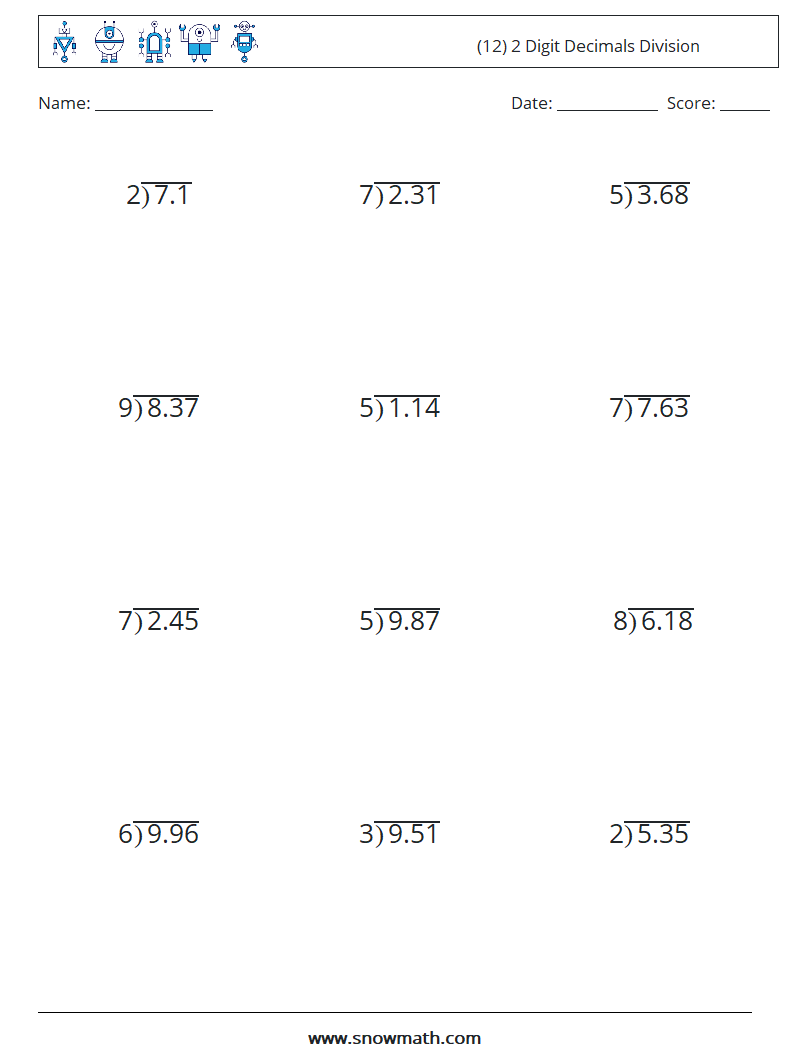 (12) 2 Digit Decimals Division Maths Worksheets 10