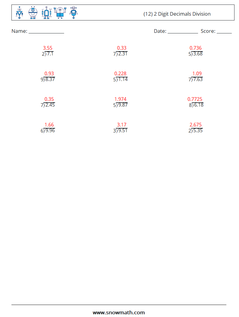 (12) 2 Digit Decimals Division Math Worksheets 10 Question, Answer