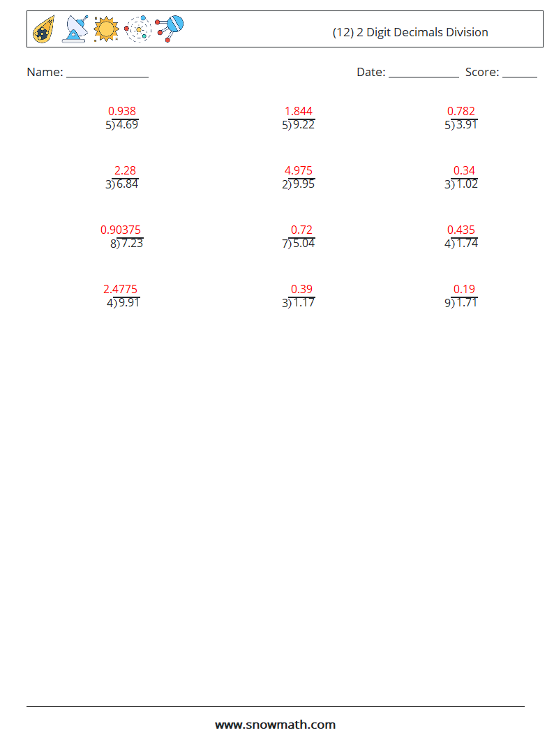 (12) 2 Digit Decimals Division Math Worksheets 12 Question, Answer