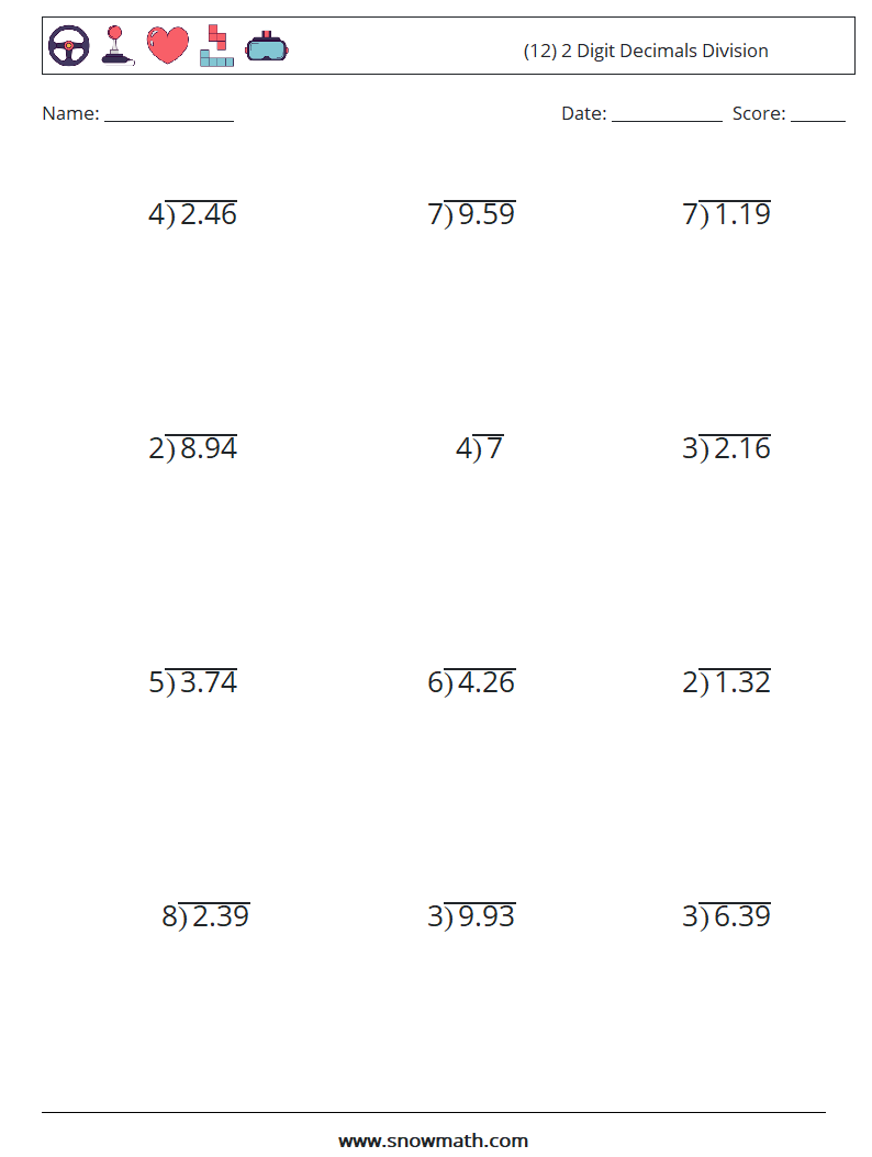 (12) 2 Digit Decimals Division Math Worksheets 4