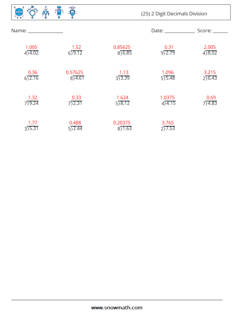 (25) 2 Digit Decimals Division Math Worksheets 5 Question, Answer