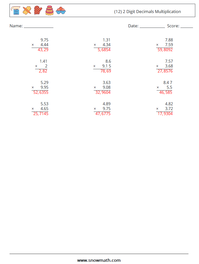 (12) 2 Digit Decimals Multiplication Math Worksheets 10 Question, Answer