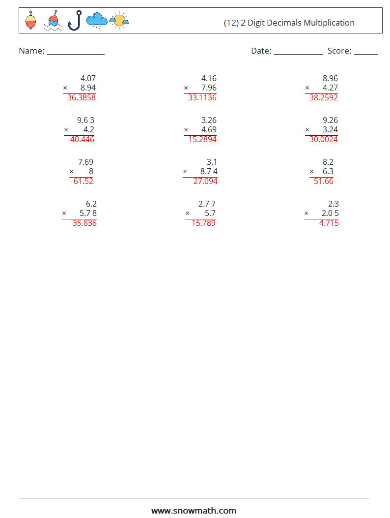 (12) 2 Digit Decimals Multiplication Math Worksheets 11 Question, Answer
