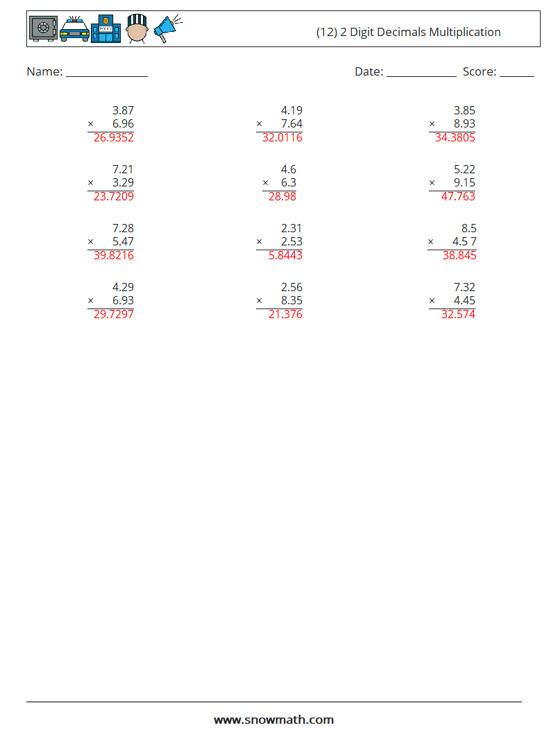 (12) 2 Digit Decimals Multiplication Math Worksheets 12 Question, Answer