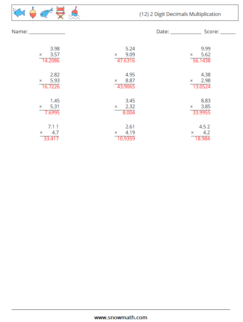 (12) 2 Digit Decimals Multiplication Math Worksheets 14 Question, Answer
