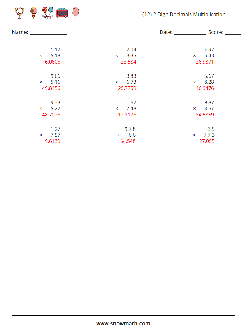 (12) 2 Digit Decimals Multiplication Math Worksheets 16 Question, Answer