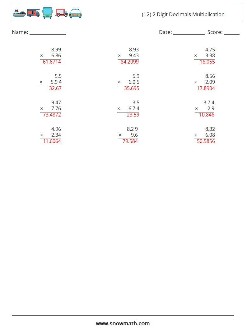 (12) 2 Digit Decimals Multiplication Math Worksheets 17 Question, Answer