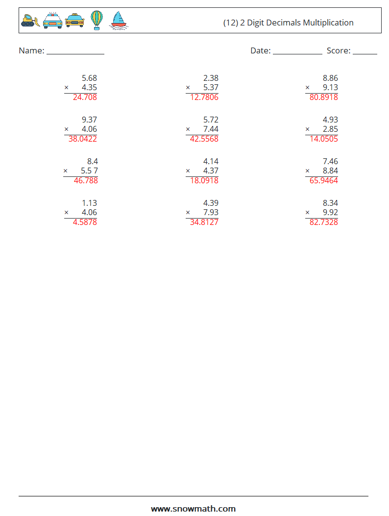 (12) 2 Digit Decimals Multiplication Math Worksheets 18 Question, Answer