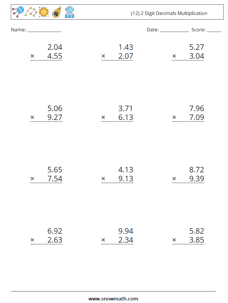 (12) 2 Digit Decimals Multiplication Math Worksheets 5