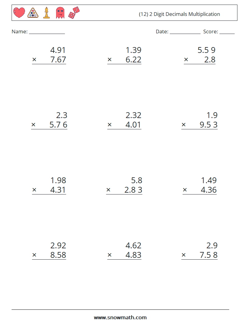 (12) 2 Digit Decimals Multiplication Math Worksheets 8