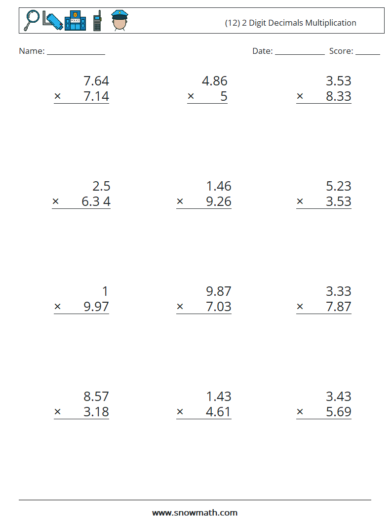 (12) 2 Digit Decimals Multiplication Math Worksheets 9