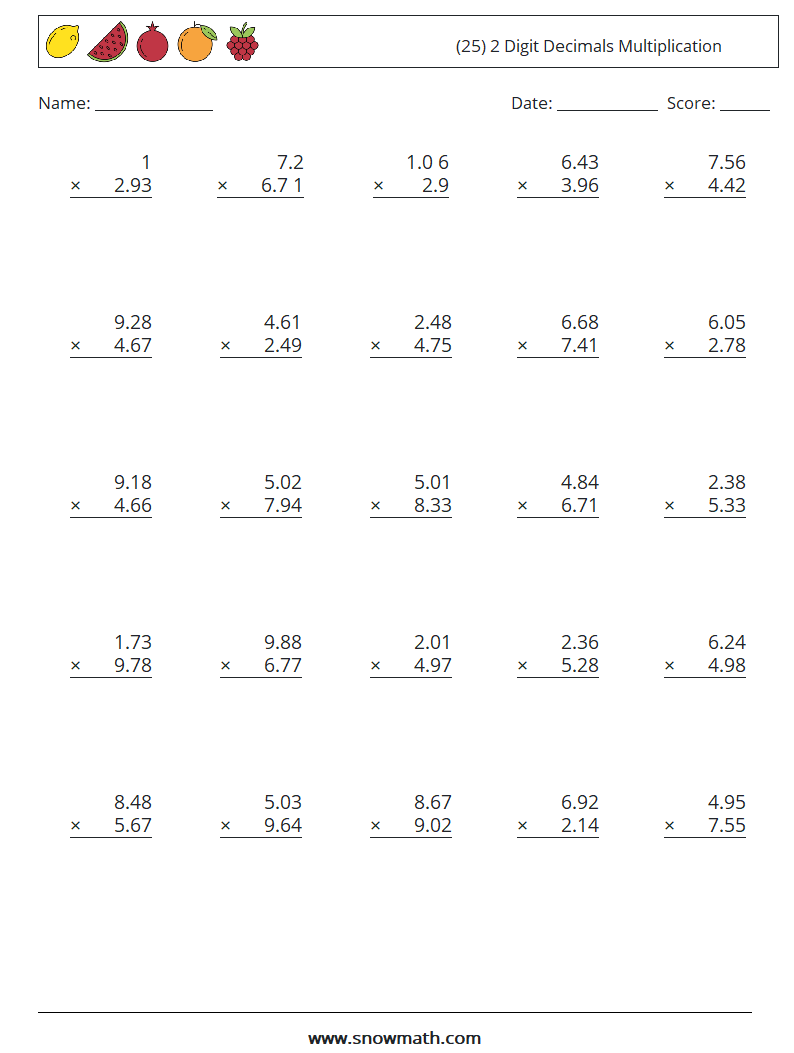 (25) 2 Digit Decimals Multiplication