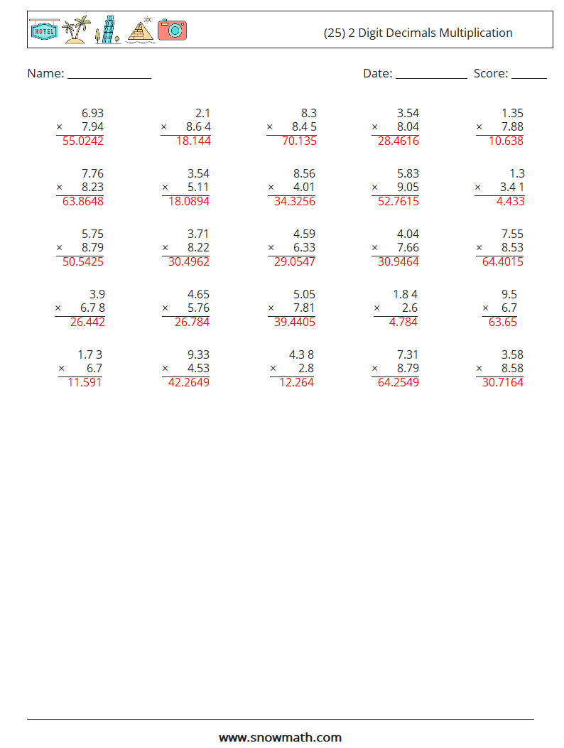 (25) 2 Digit Decimals Multiplication Math Worksheets 11 Question, Answer