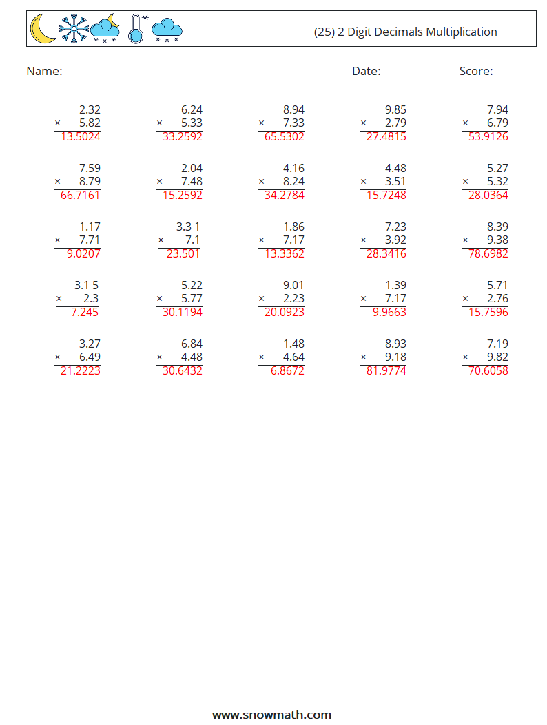 (25) 2 Digit Decimals Multiplication Math Worksheets 13 Question, Answer