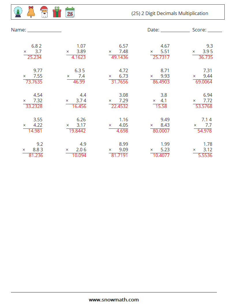 (25) 2 Digit Decimals Multiplication Math Worksheets 14 Question, Answer