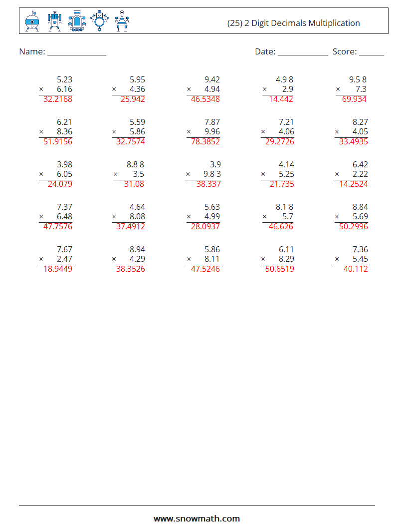 (25) 2 Digit Decimals Multiplication Math Worksheets 15 Question, Answer