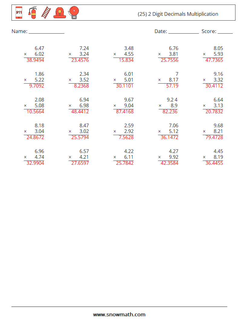 (25) 2 Digit Decimals Multiplication Math Worksheets 16 Question, Answer