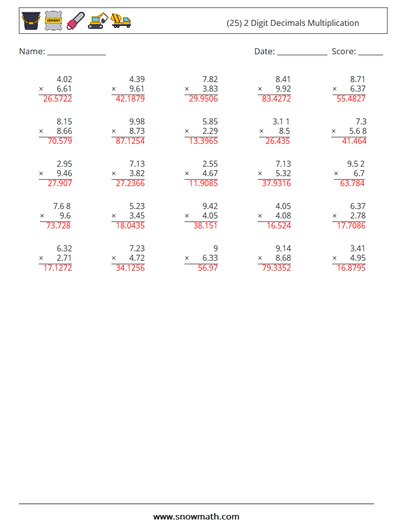 (25) 2 Digit Decimals Multiplication Math Worksheets 17 Question, Answer