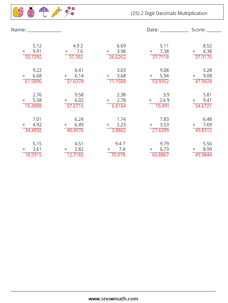 (25) 2 Digit Decimals Multiplication Math Worksheets 18 Question, Answer