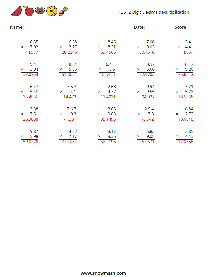 (25) 2 Digit Decimals Multiplication Math Worksheets 7 Question, Answer