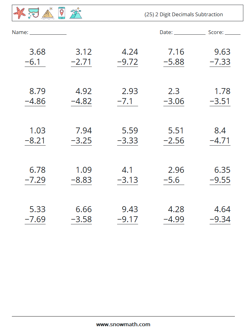 (25) 2 Digit Decimals Subtraction Maths Worksheets 10