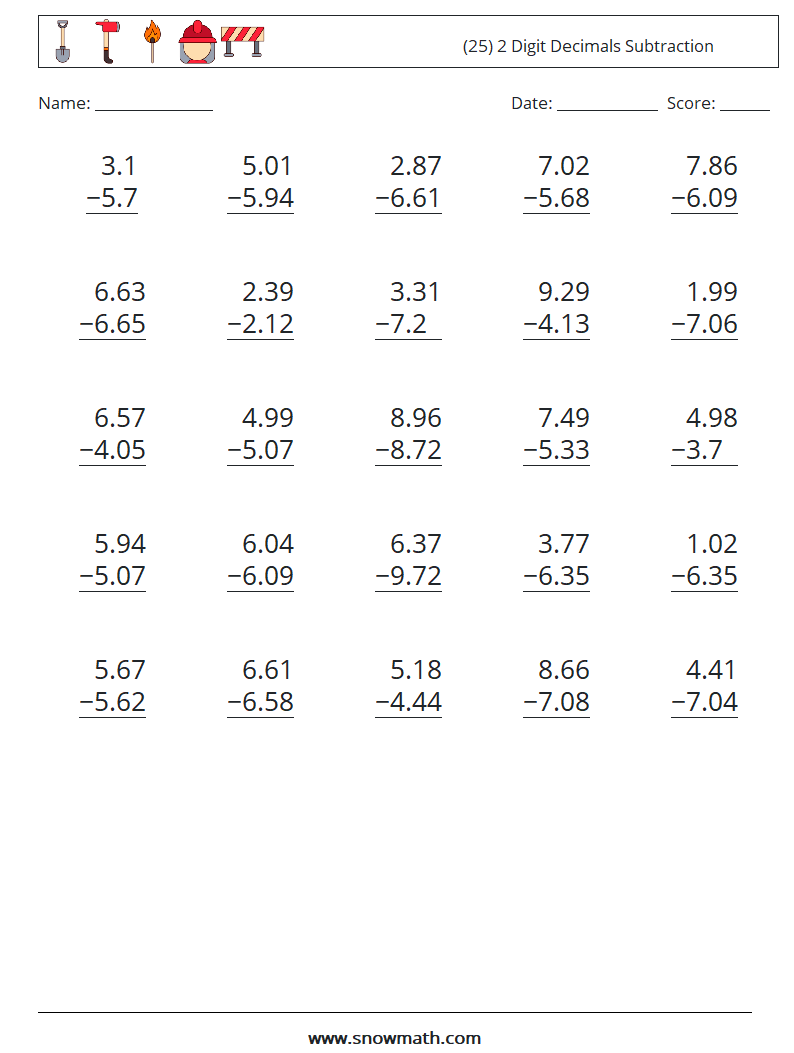 (25) 2 Digit Decimals Subtraction Math Worksheets 11