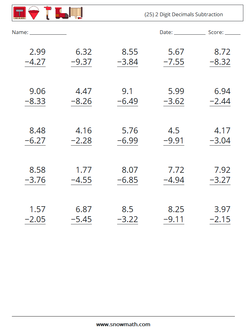 (25) 2 Digit Decimals Subtraction Math Worksheets 12