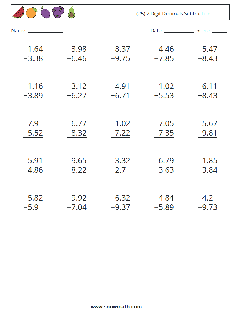 (25) 2 Digit Decimals Subtraction Maths Worksheets 15