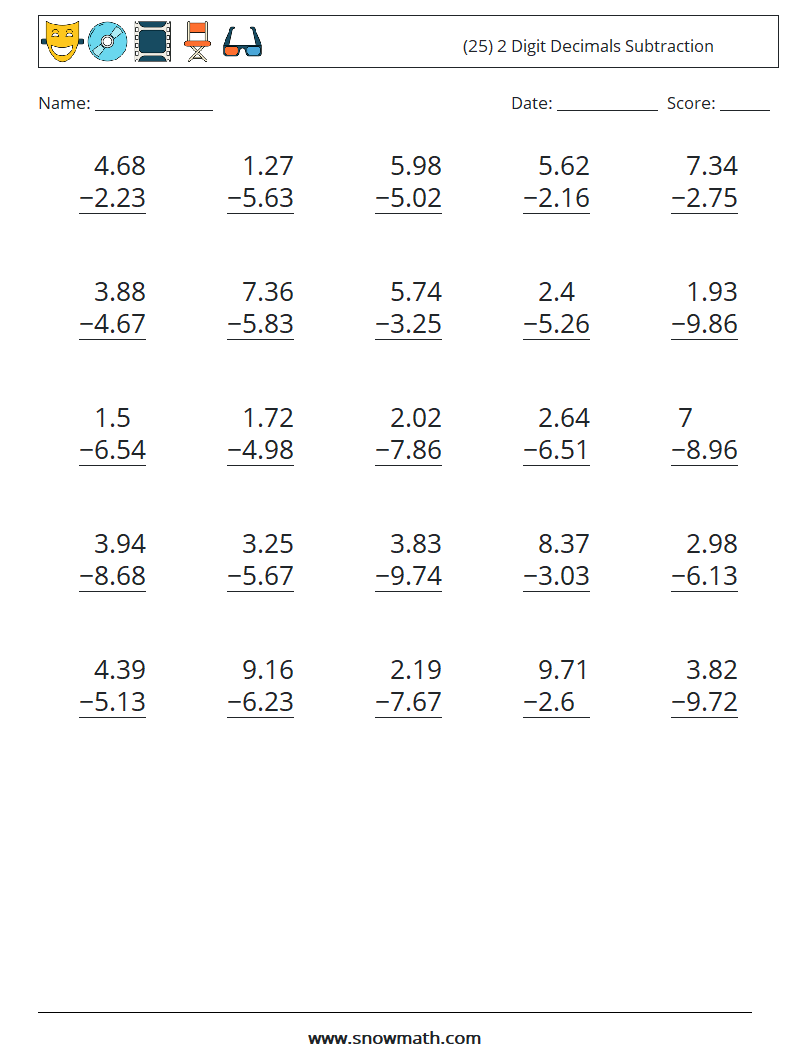 (25) 2 Digit Decimals Subtraction Maths Worksheets 17