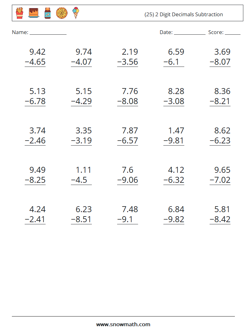 (25) 2 Digit Decimals Subtraction Maths Worksheets 18