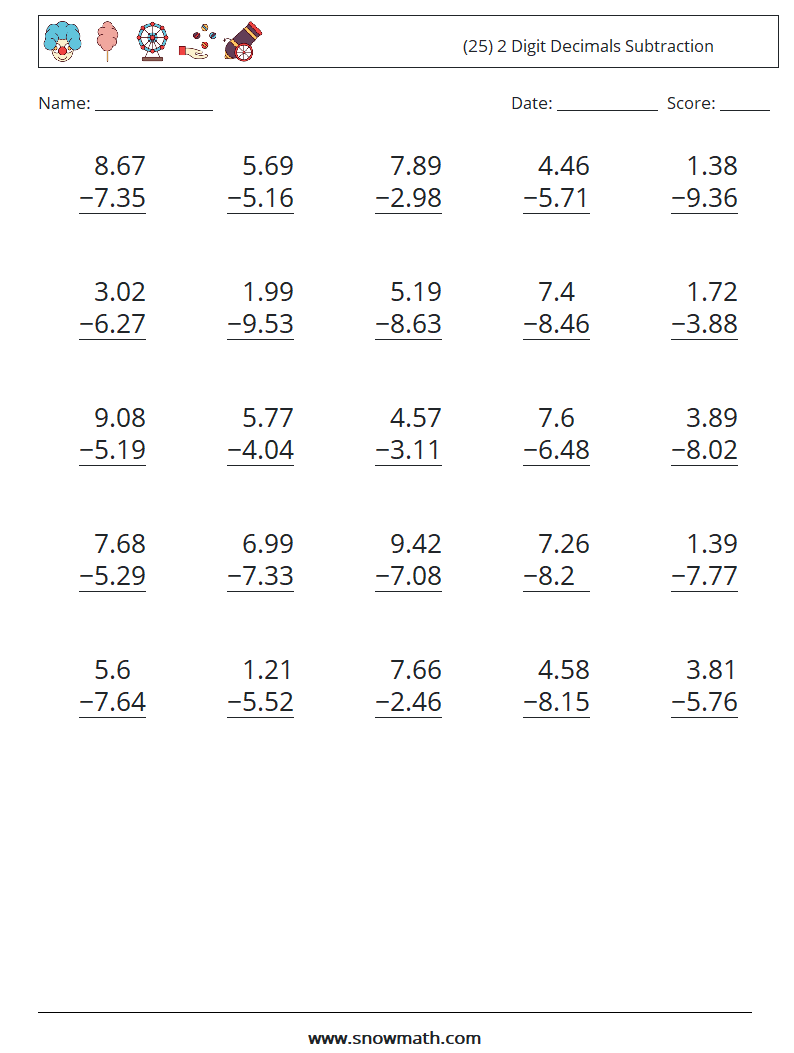 (25) 2 Digit Decimals Subtraction Math Worksheets 5