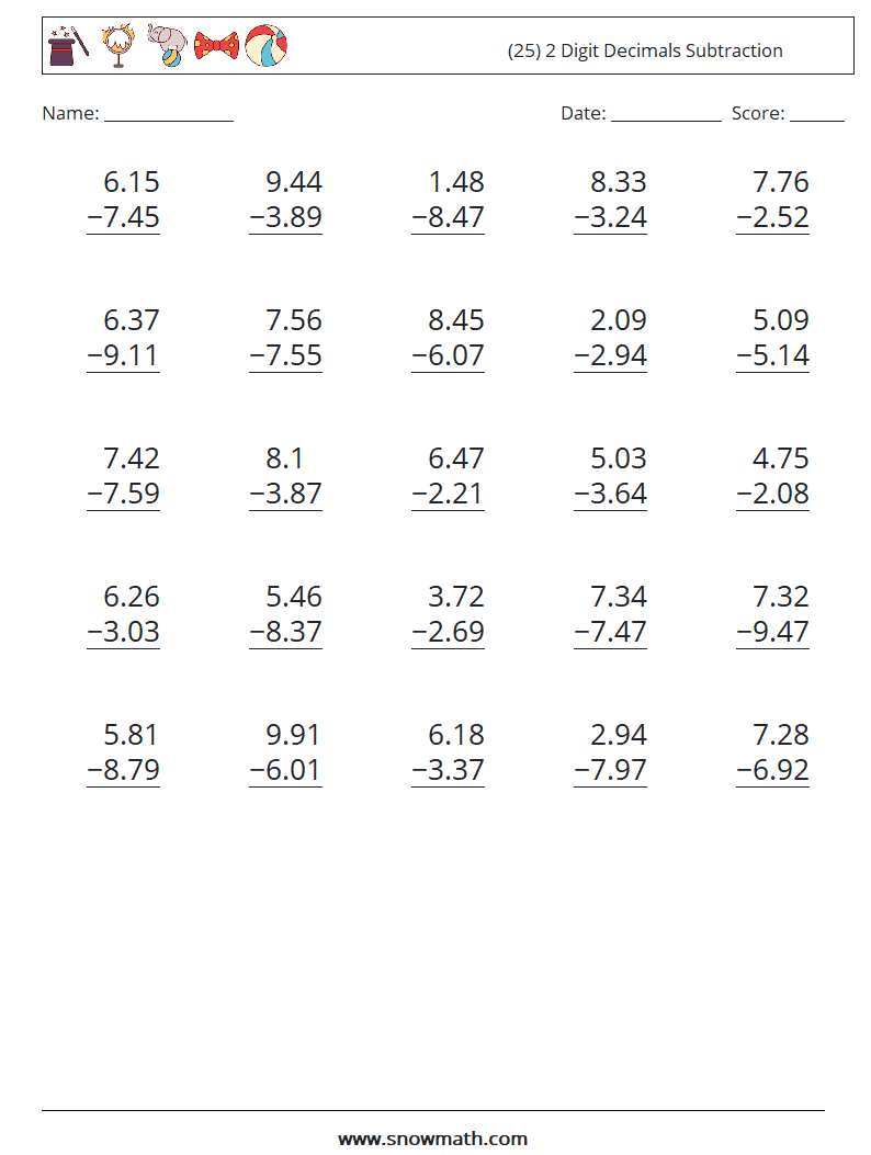 (25) 2 Digit Decimals Subtraction Math Worksheets 7
