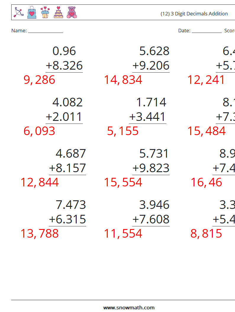 (12) 3 Digit Decimals Addition Math Worksheets 10 Question, Answer