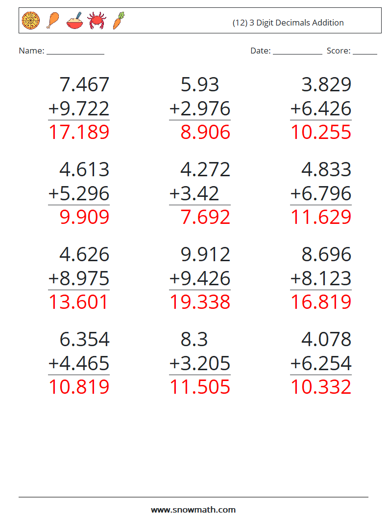 (12) 3 Digit Decimals Addition Math Worksheets 11 Question, Answer
