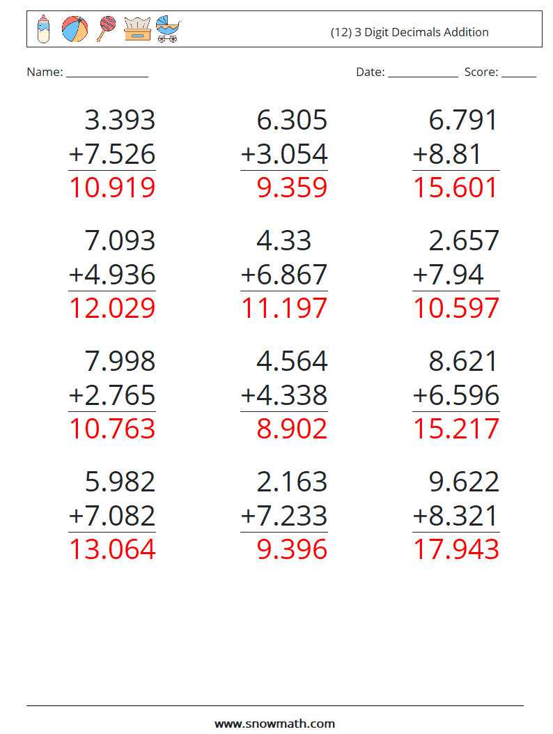 (12) 3 Digit Decimals Addition Math Worksheets 13 Question, Answer