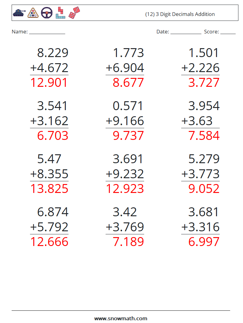 (12) 3 Digit Decimals Addition Math Worksheets 14 Question, Answer