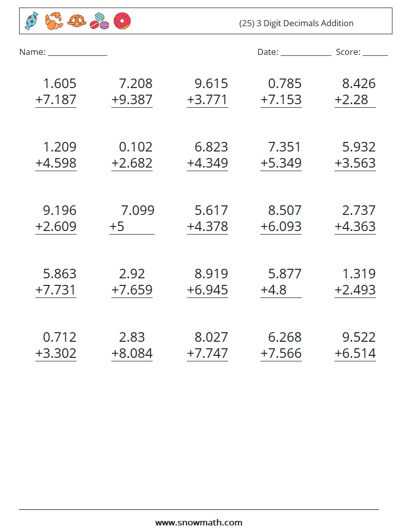 (25) 3 Digit Decimals Addition Math Worksheets 10