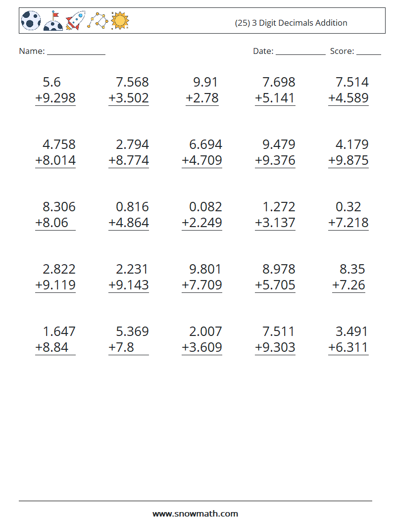 (25) 3 Digit Decimals Addition Math Worksheets 13