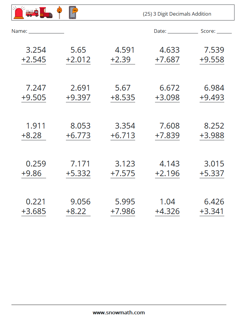 (25) 3 Digit Decimals Addition Maths Worksheets 14