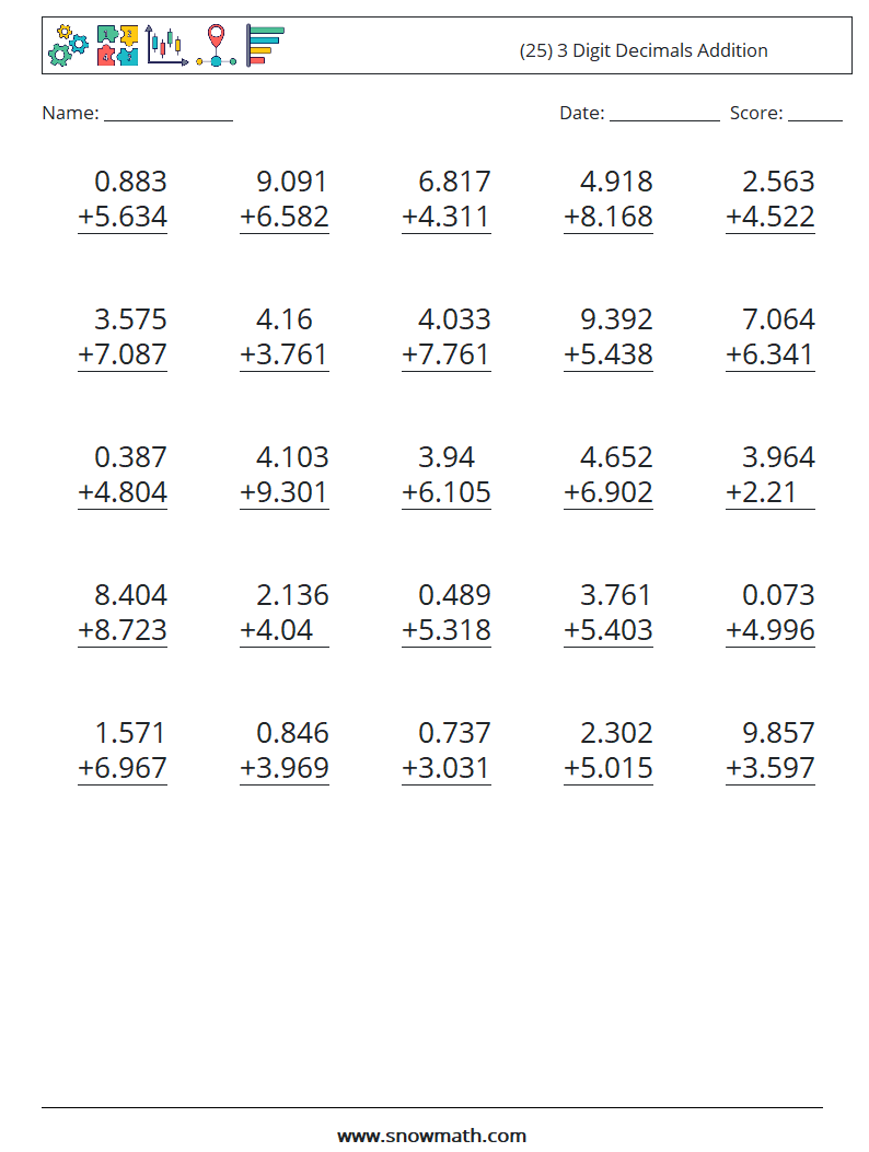 (25) 3 Digit Decimals Addition Math Worksheets 15