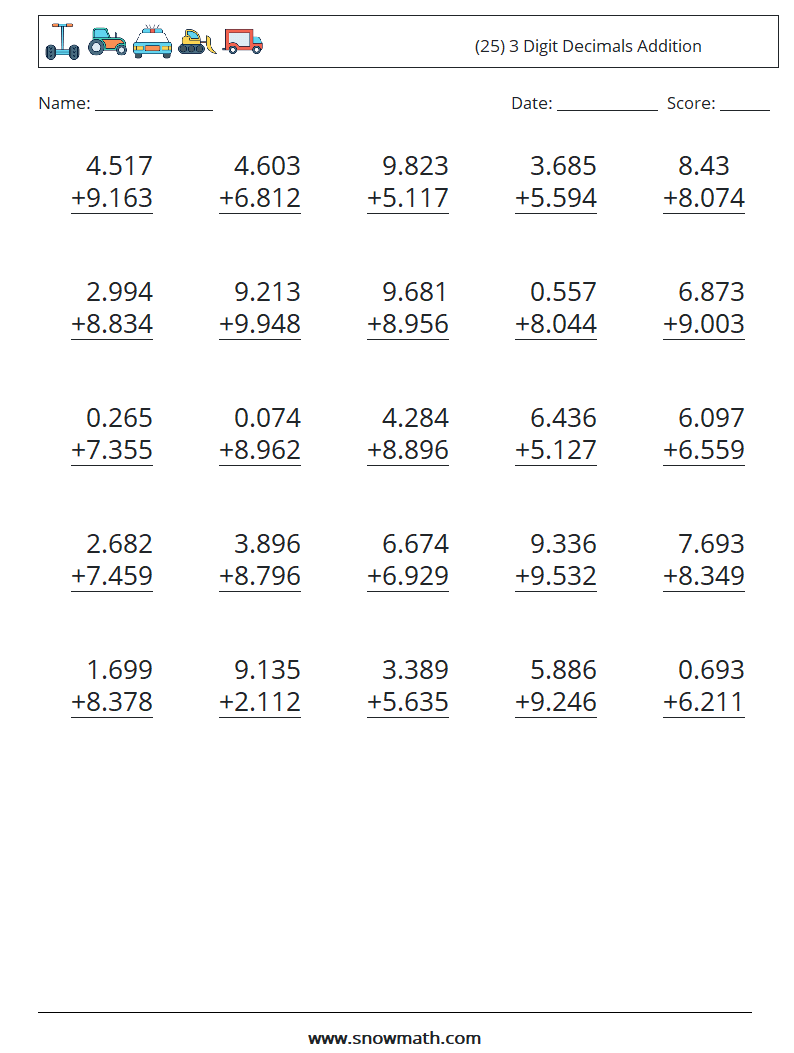 (25) 3 Digit Decimals Addition Maths Worksheets 16