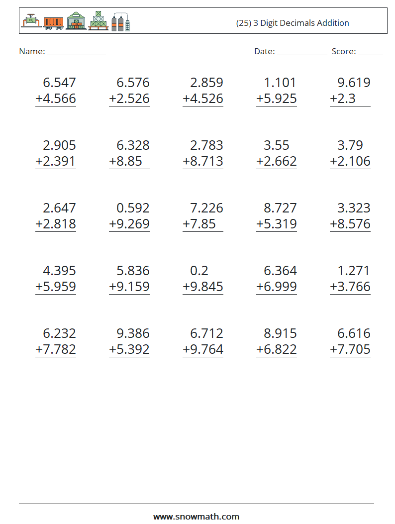 (25) 3 Digit Decimals Addition Maths Worksheets 17