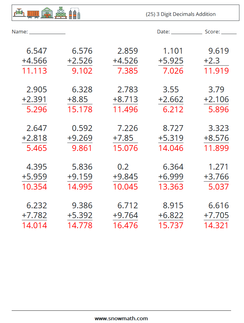 (25) 3 Digit Decimals Addition Math Worksheets 17 Question, Answer