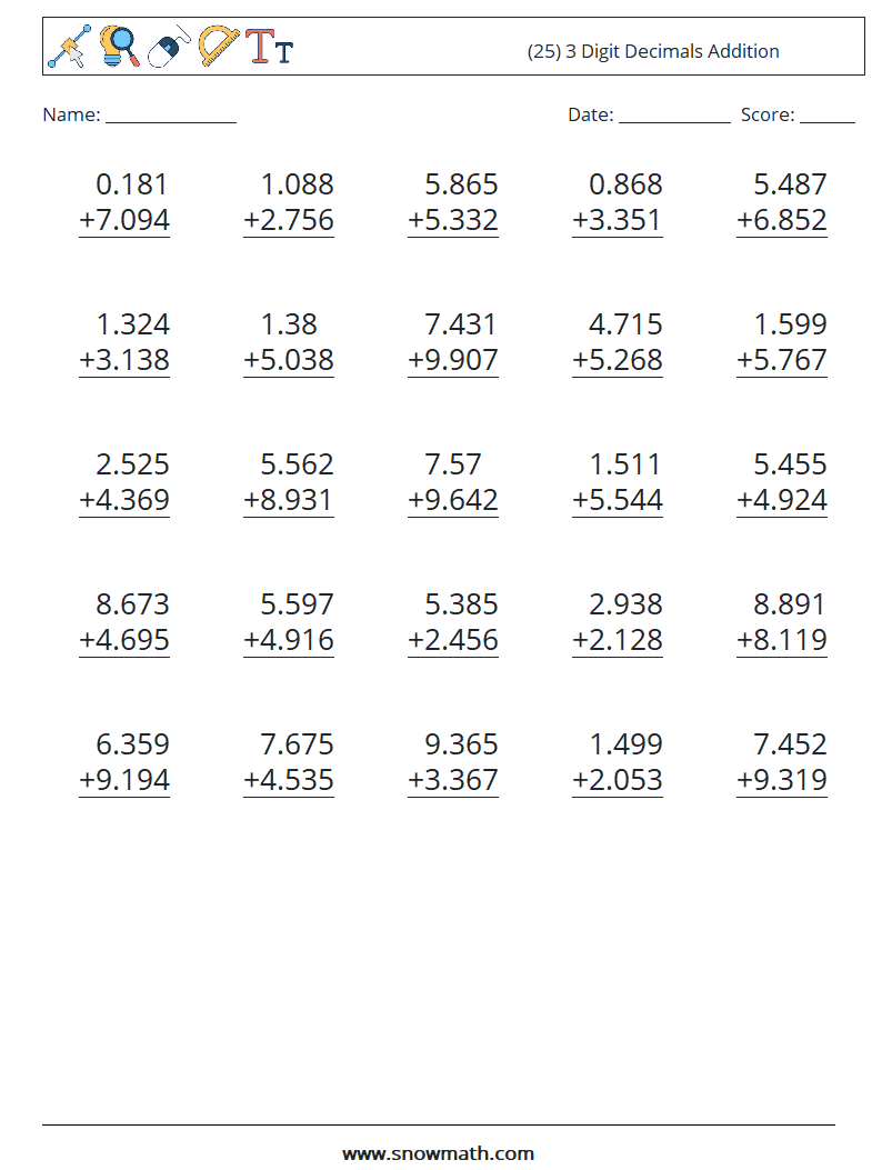 (25) 3 Digit Decimals Addition Math Worksheets 18
