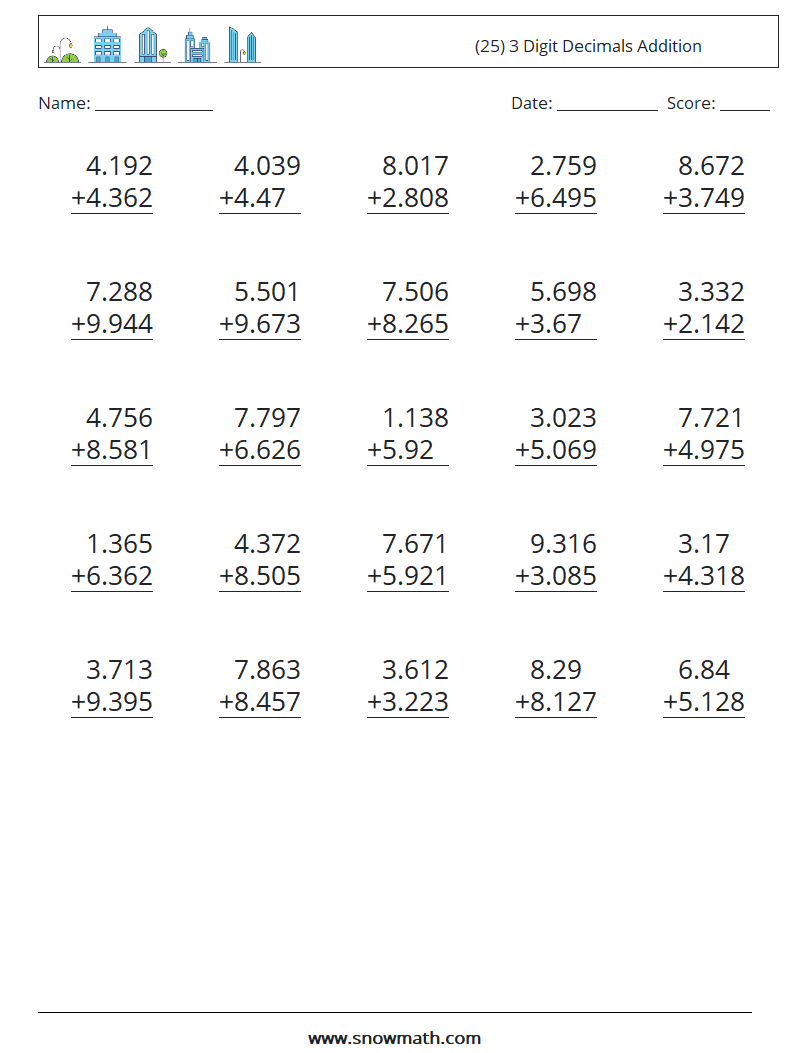 (25) 3 Digit Decimals Addition Math Worksheets 2