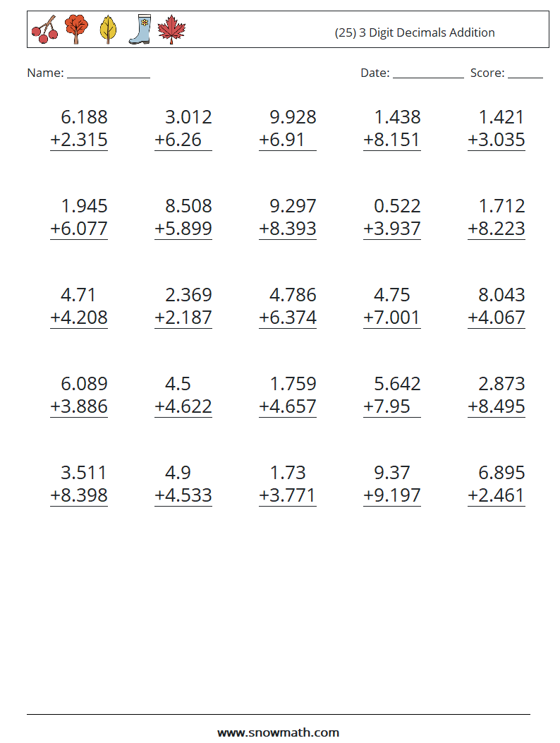 (25) 3 Digit Decimals Addition Maths Worksheets 3